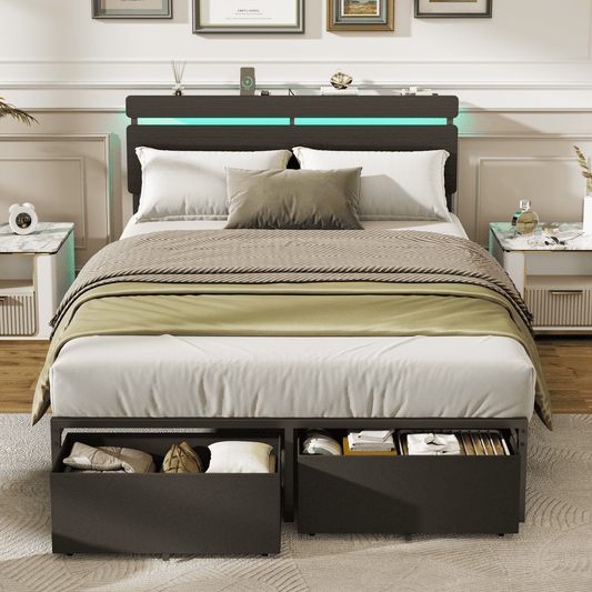 Satifur Full Size Bed Frame with 2 Drawers & LED Lights & Charging Station, Beds with Headboard & 10.10" Under Bed Storage, No Box Spring Needed, Easy Assembly, Black