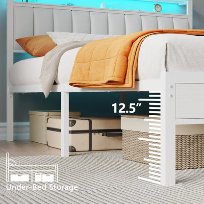 Tydimor Queen Bed Frames with LED Lights, Platform Bed with Metal Slats, Headboard with 2-Tier Storage Shelves & Charging Station, No Box Spring Needed, White