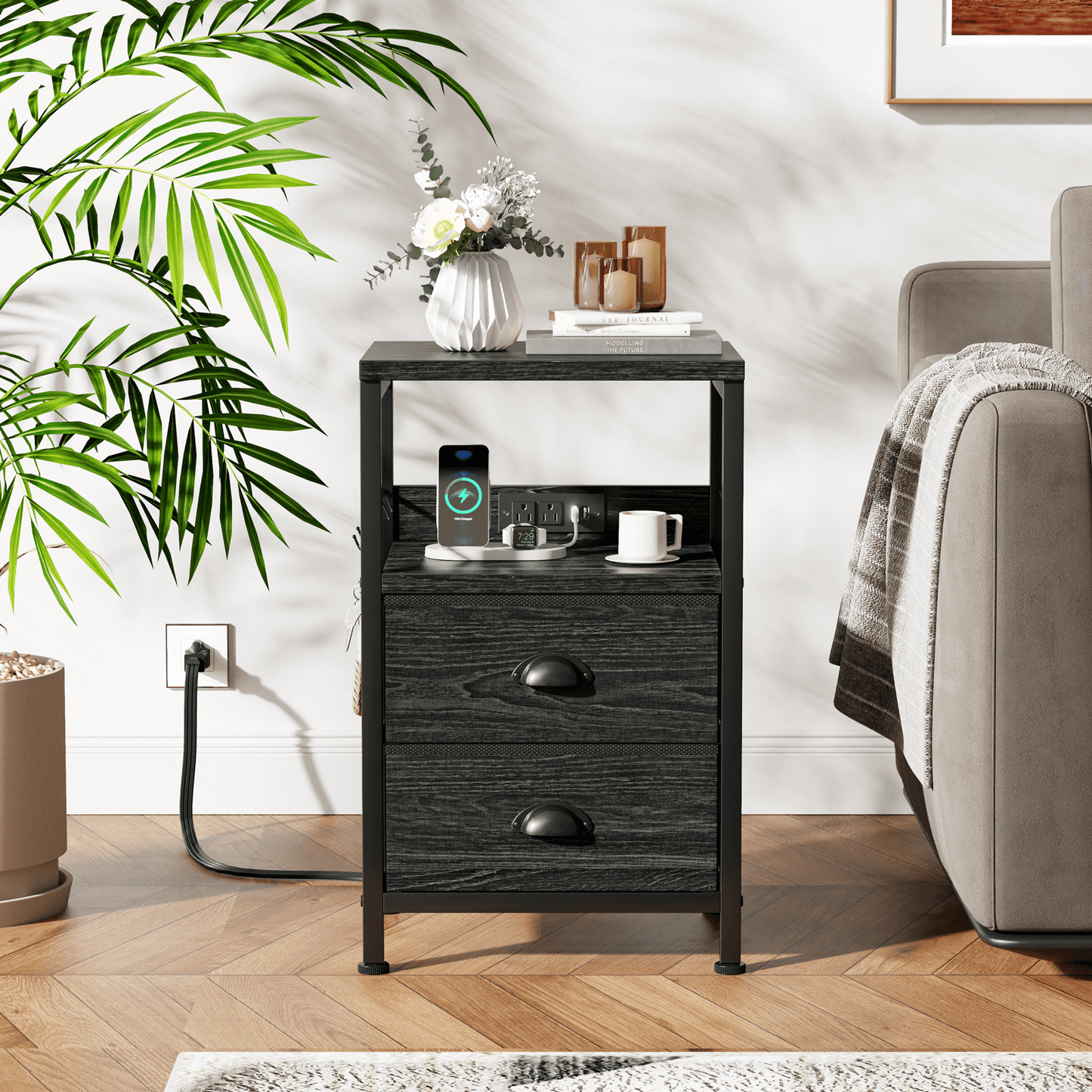 Satifur Nightstand with Charging Station, Set of 2 Bedside End Table with Fabric Drawers,Outlets & USB Ports,Black Oak