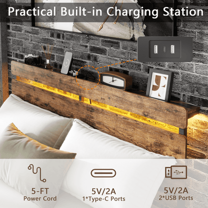 Tydimor Full Size Bed Frame with 2 Drawers & LED Lights & Charging Station, Beds with Headboard & 10.10" Under Bed Storage, No Box Spring Needed, Easy Assembly, Rustic Brown