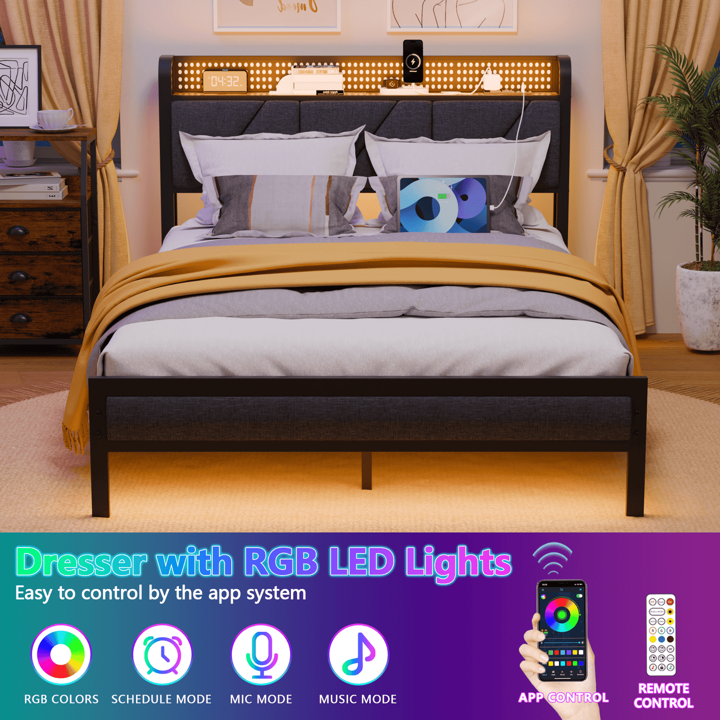 Tydimor Queen Size Metal Smart Bed Frames with Upholstered Headboard, LED Lights, USB Ports and Outlets, Storage Shelves & Underbed