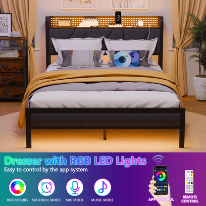 Tydimor Queen Size Metal Smart Bed Frames with Upholstered Headboard, LED Lights, USB Ports and Outlets, Storage Shelves & Underbed