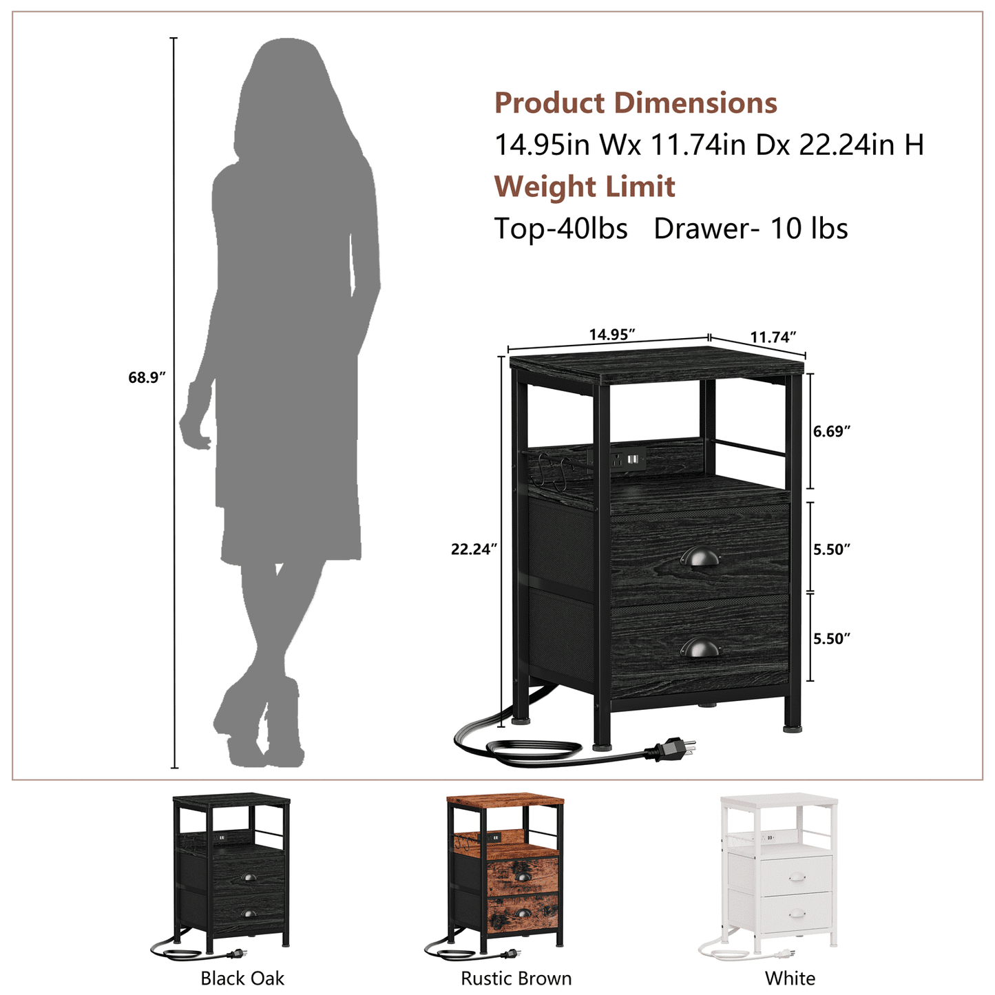 Satifur Nightstand with Charging Station, Set of 2 Bedside End Table with Fabric Drawers,Outlets & USB Ports,Black Oak