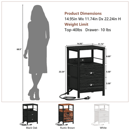 Satifur Nightstand with Charging Station, Set of 2 Bedside End Table with Fabric Drawers,Outlets & USB Ports,Black Oak