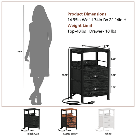 Satifur Nightstand with Charging Station, Set of 2 Bedside End Table with Fabric Drawers,Outlets & USB Ports,Black Oak