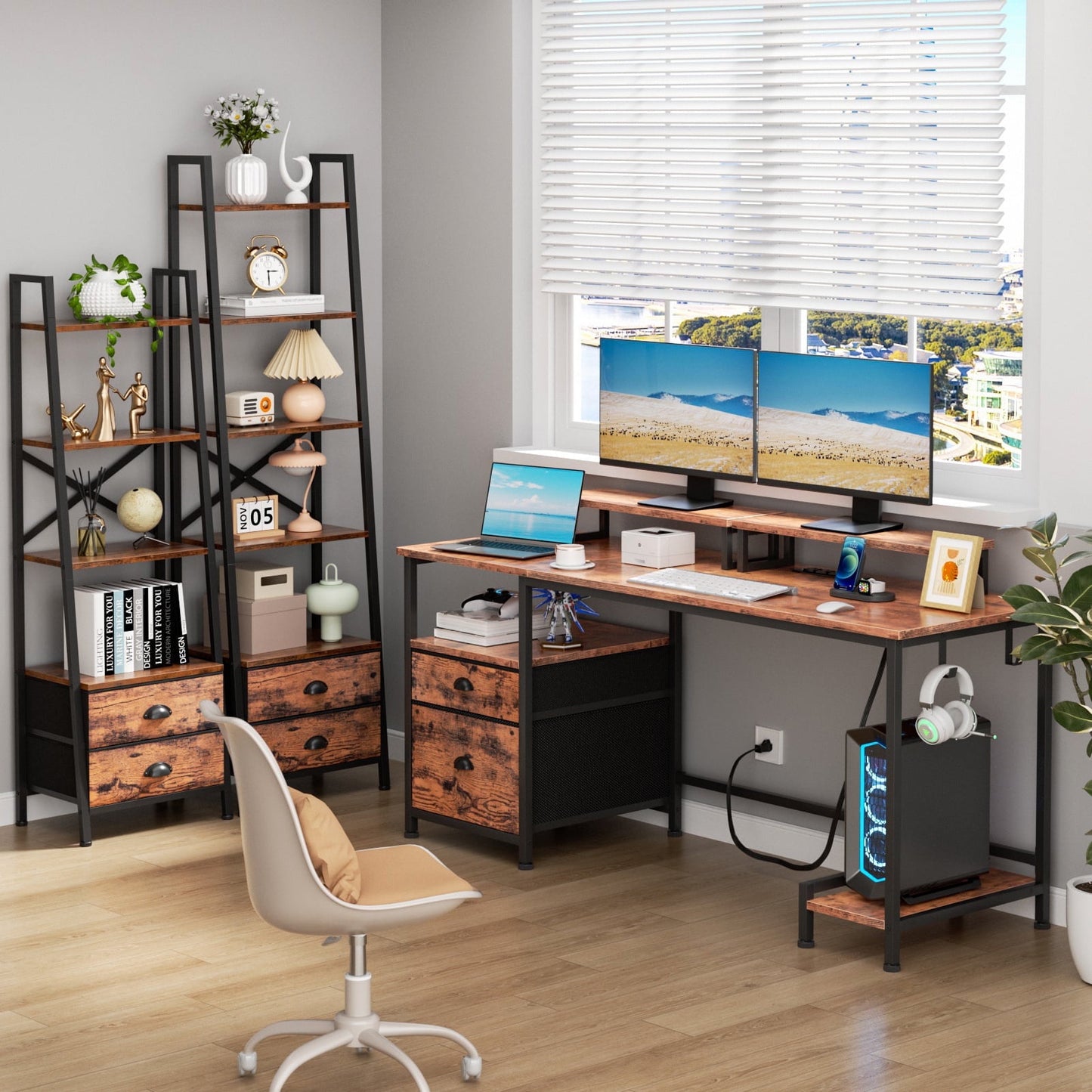 Hexmn Computer Writing Desk with 3 Movable Monitor Stands,for Bedroom Home Office,Rustic Brown