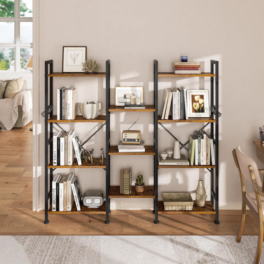 Satifur 57" Tall Bookcase, 4 Tier Large Bookcase with Waterproof Wood Shelves, Heavy Duty Metal Frame with X-Brace, Anti-Falling Design, Vintage Industrial Storage Rack