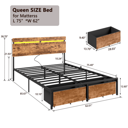 Tydimor Queen Size Bed Frame with 2 Drawers & LED Lights & Charging Station, Beds with Headboard & 10.10" Under Bed Storage, No Box Spring Needed, Easy Assembly, Rustic Brown