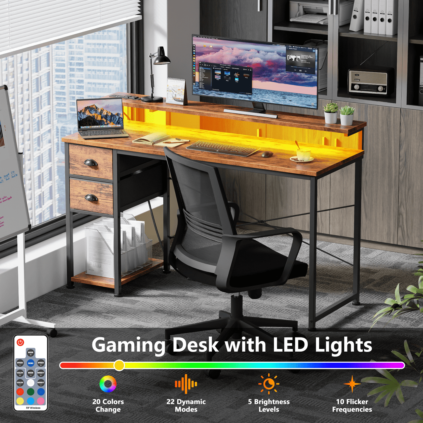 Satifur Computer Desk with Power Outlets & LED Lights, Home Office Desk with 2 Drawers, LED Change Colors Standing Gaming Desk, Rustic Brown