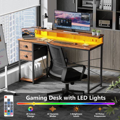 Satifur Computer Desk with Power Outlets & LED Lights, Home Office Desk with 2 Drawers, LED Change Colors Standing Gaming Desk, Rustic Brown