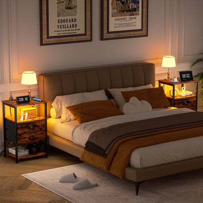 Satifur Side Table with Light, Charging Station, Rustic Brown Nighstand for Bedroom, Living Room