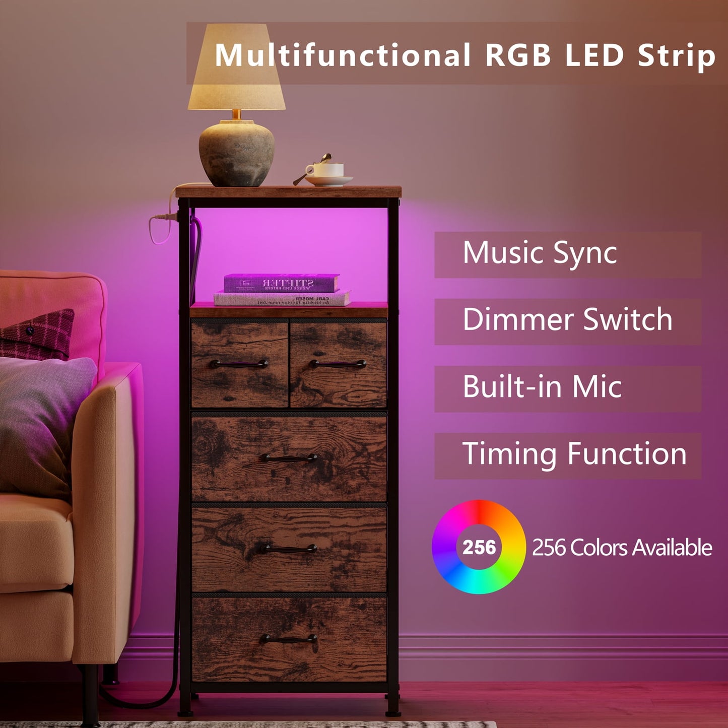 TYDIMOR Small Dresser for Bedroom, 5 Drawer with Charging Station, Brown, Ideal for Adults