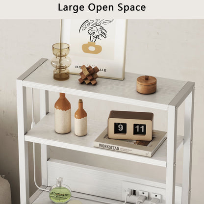 Satifur Tall Nightstand with Charging Station and LED Lights, Bedside Table with Bookshelf,3 Fabric Drawers, White