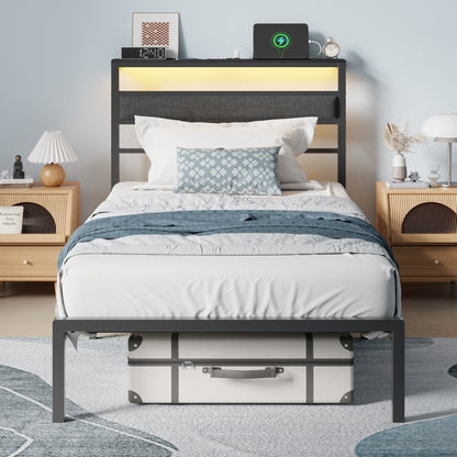 Tydimor Twin Size Bed Frame with USB Charging Station, LED Lights & Upholstered Headboard & Shelf, Metal Black
