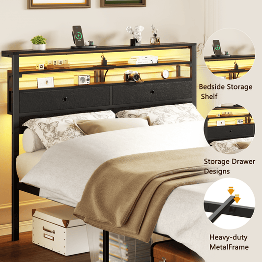 Tydimor Queen Size Bed Frame with 2 Storage Drawers Headboard, LED & Charging Station, Black oack