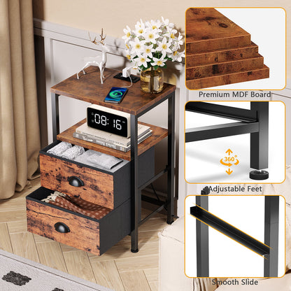 Satifur Bedside Table with Charging Station,Set of 2 LED Nightstand with 2 Fabric Drawers,Rustic Brown