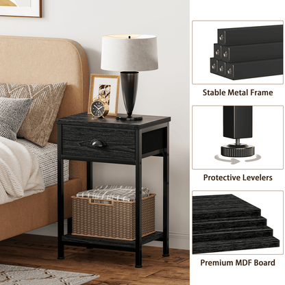 Satifur Set of 2 Nightstand for Bedroom,3-Tier End Table with Drawer,Black Oak Finish