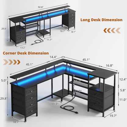 Hexmn Black L Shaped Office Desk with Drawers Storage, Dual Monitor Computer Desk, Workstation Set for Office Living Room
