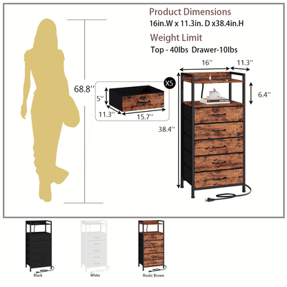 Hexmn Tall Dresser for Bedroom, 5 Drawer with Charging Station, Black, Ideal for Adults