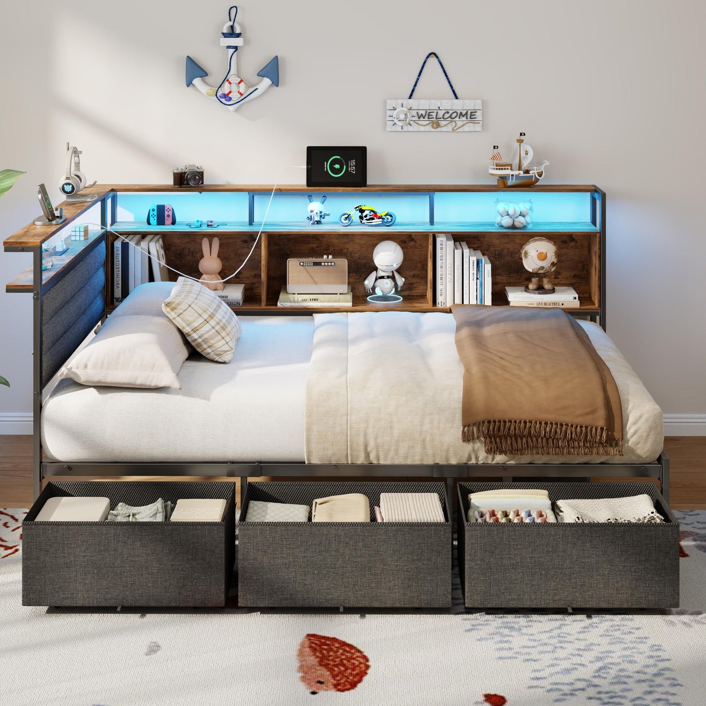 Tydimor L-Shaped Corner Bed Frame with 3 Storage Drawers, 3 Cubbies & Double-Layer Shelf, LED Lights & Power Outlet, L-Shaped Corner Twin Beds for Living Room, Guest and Bedroom, Rustic Brown