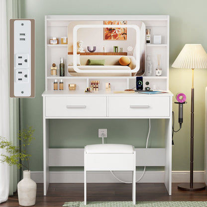 Satifur Vanity Desk with Slide Mirror and Lights, White Makeup Vanities Table and Stool Set with Charging Station and Drawers for Bedroom