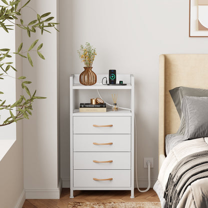 TYDIMOR Dresser Bedside Table with Charging Station, 4 Drawer Nightstand for Bedroom Furniture, White, Modern Style, Adults