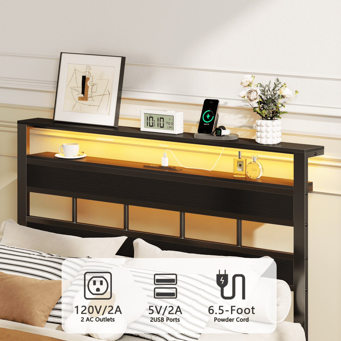 Tydimor Upholstered Underbed Storage Bed Frames with Charging Station£¬LED Queen Size Bed Frame with Storage Shelves, Niose Free