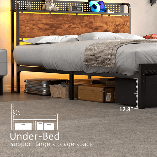 Tydimor Queen Bed Frame with 2 Drawers & Storage Headboard, Platform Metal Bed with Charging Station, No Box Spring Needed