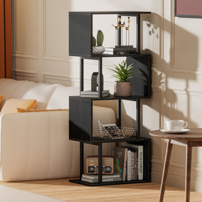 Satifur 4-Tier S-Shaped Geometric Bookcase, Industrial Freestanding Storage Shelving Unit