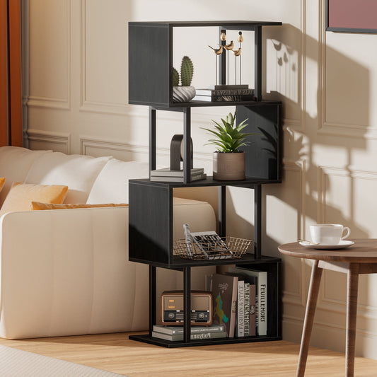 Satifur 4-Tier S-Shaped Geometric Bookcase, Industrial Freestanding Storage Shelving Unit