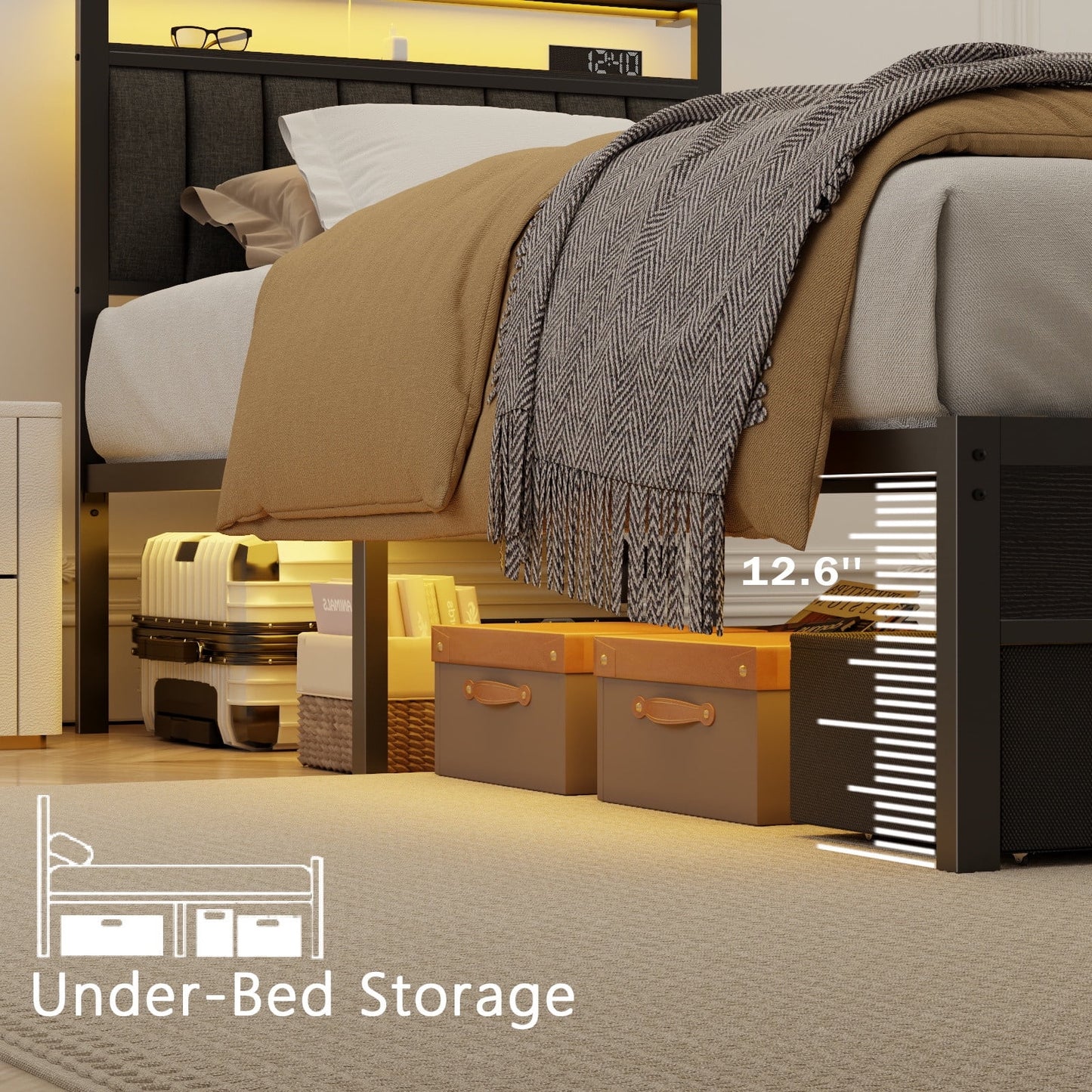 Hexmn Twin Bed Frame with Upholstered Storage Headboard & 2 Drawers, Platform Metal Bed with 2 USB Ports and Outlets, Under-bed Storage and Noise Free Design