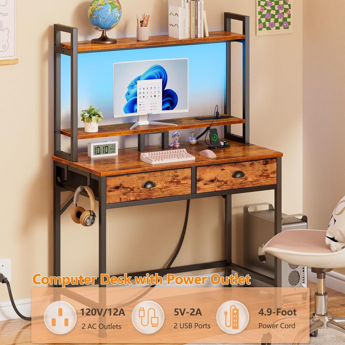 Furologee Small Computer Desk with Power Outlet and 2 Fabric Drawers, Gaming Desk with Light, Home Office Desk with Monitor Stand and Hutch, Study Table with Shelf Rustic Brown