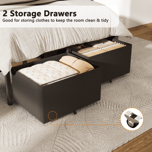 Tydimor Twin Size Bed Frame with 2 Drawers & LED Lights & Charging Station, Beds with Headboard & 10.10" Under Bed Storage, No Box Spring Needed, Easy Assembly, Black