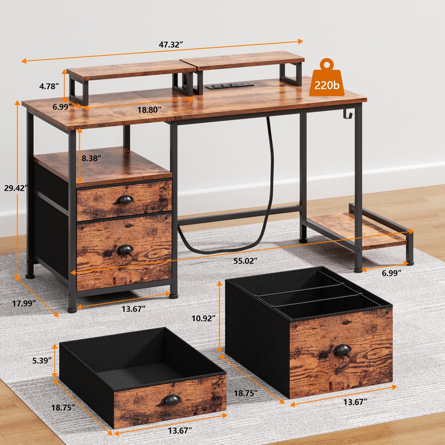 Satifur Office Desk with Drawers & Charging Station, Gaming Desk with Movable Monitor Stands, Corner Desk with Storage Shelves & File Cabinet, Rustic Brown