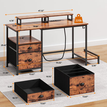 Satifur Office Desk with Drawers & Charging Station, Gaming Desk with Movable Monitor Stands, Corner Desk with Storage Shelves & File Cabinet, Rustic Brown