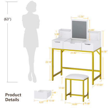 Hexmn makeup vanities Set with Flip-Top Mirror, white dressing tables with Built-in Power Outlets for bathroom bedroom