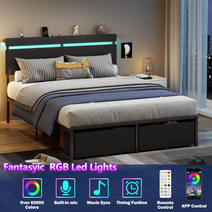 Tydimor Full Size Bed Frame with 2 Drawers & LED Lights & Charging Station, Beds with Headboard & 10.10" Under Bed Storage, No Box Spring Needed, Easy Assembly, Black