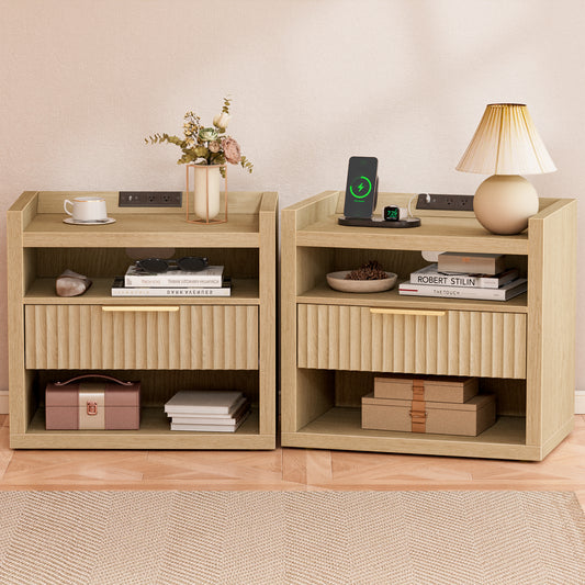 Satifur Set of 2 Fluted Nightstand with Charging Station Storage Drawer, End Table with Open Shelf