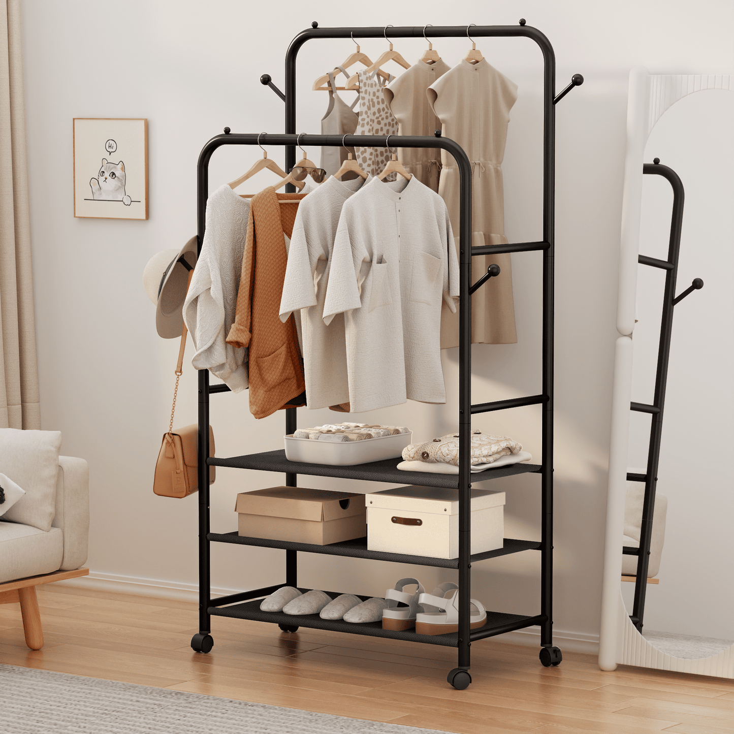 Satifur Clothes Rack with 3 Tiers Storage Shelves, Clothing and Shoes Racks, Garment Rack with Wheels, Multi-functional Double Rod Hanging Rack, Black