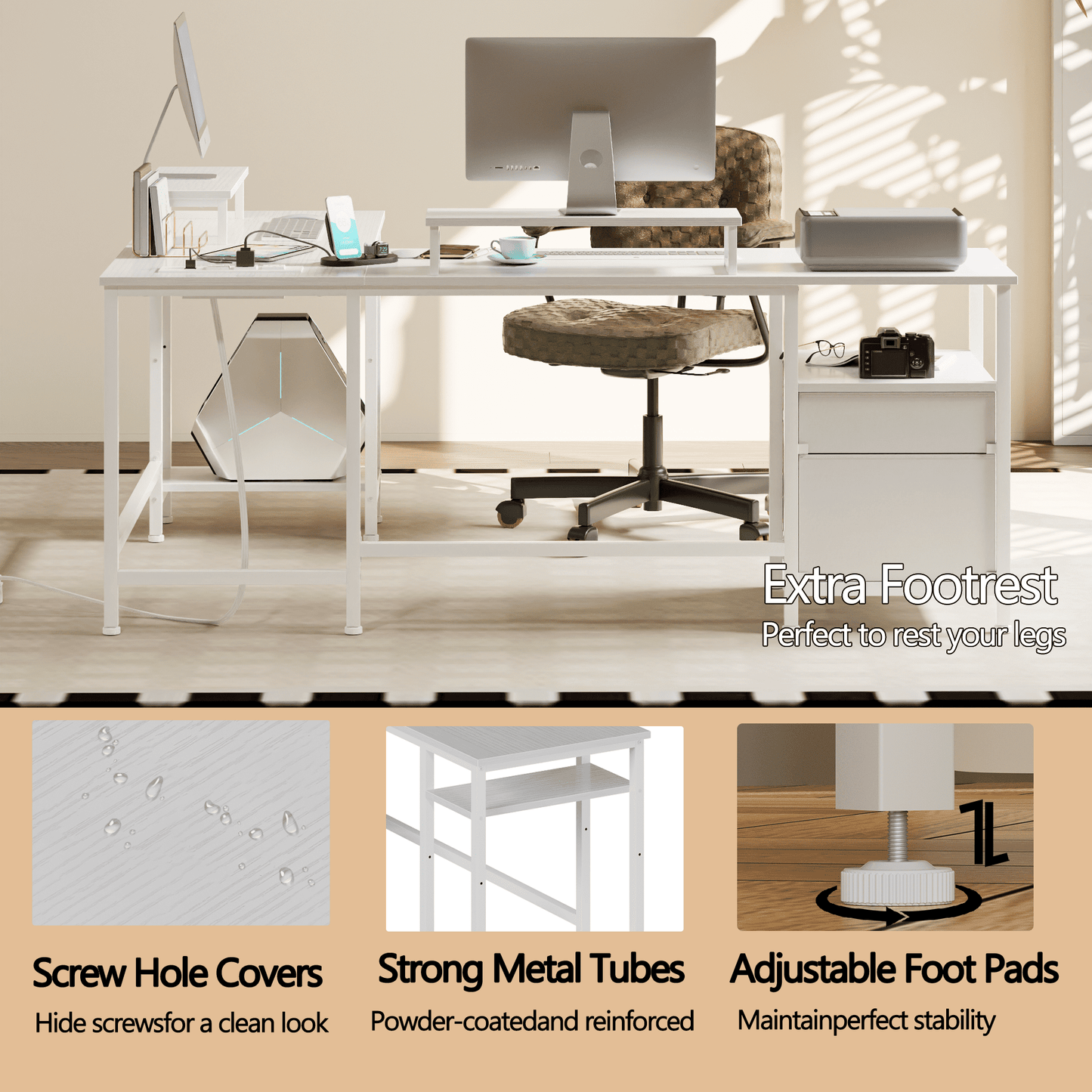 Satifur Computer Desk L-Shaped, Corner Desk with Power Outlet, Reversible Gaming Desk, White