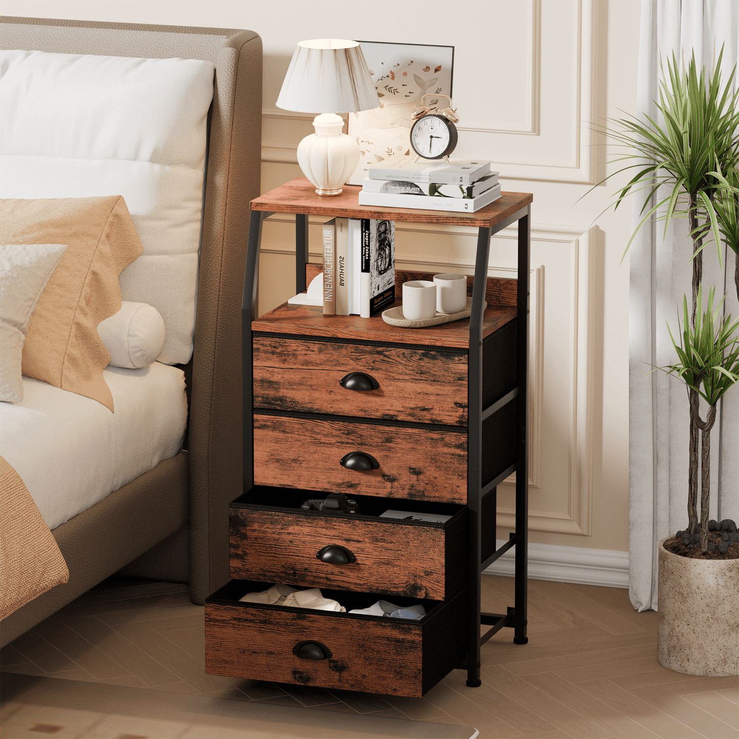 Satifur 4-Drawer Nightstand,Vertical Fabric Dresser Storage End Table,for All Age,Rustic Brown