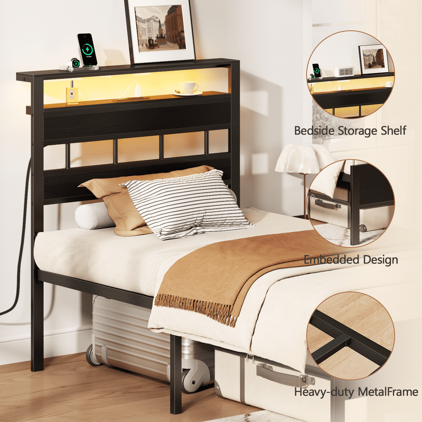 Tydimor Twin Bed Frames with USB Ports and Outlets, LED Gaming Bed Metal Frame Underbed with Headboard, Niose Free