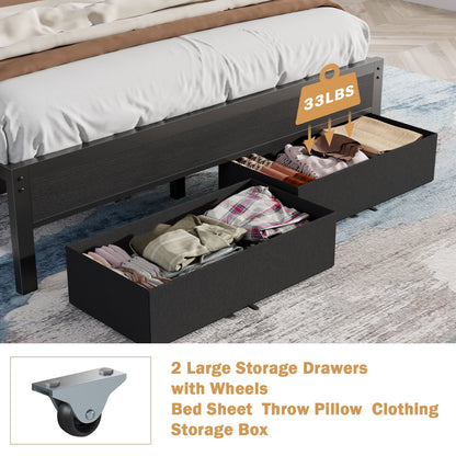 Satifur Queen Bed Frame with 2 USB Ports & Upholstered Headboard & 2 Storage Drawers, Black