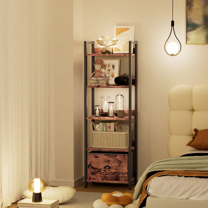 Satifur 5 Tier Ladder Bookcase with Removable Drawer Tall Standing Bookshelf,Rustic Brown