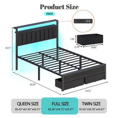 Tydimor Full Bed Frame with 2 Drawers & Storage Headboard, Platform Metal Bed with 2 USB Ports and Outlets, No Box Spring Needed