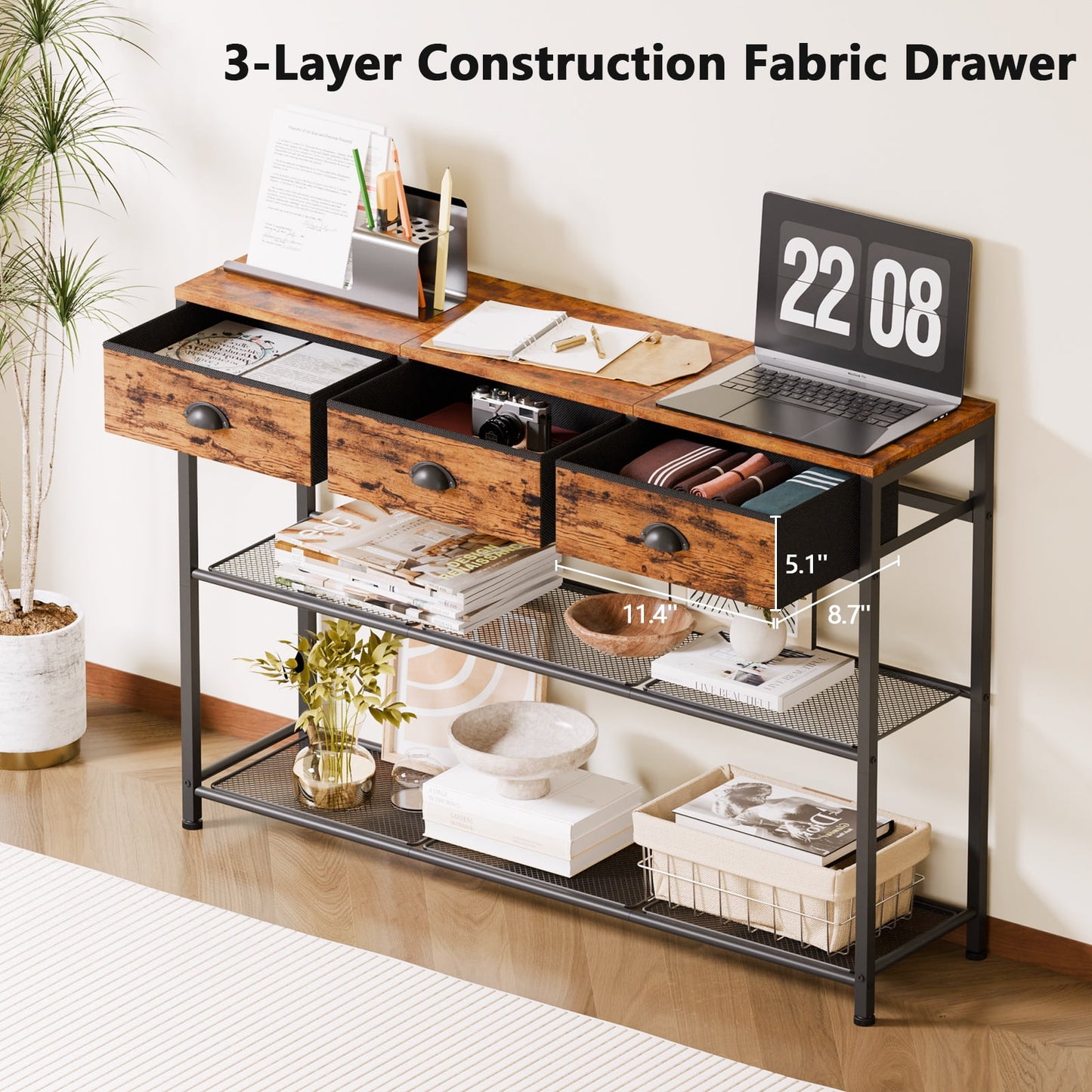 Satifur 38 Inch Extra Long Entryway Table with Upgraded Fabric Drawers Console Table Metal Frame Sofa Table with Bottom Shelf for Living Room and Hallway
