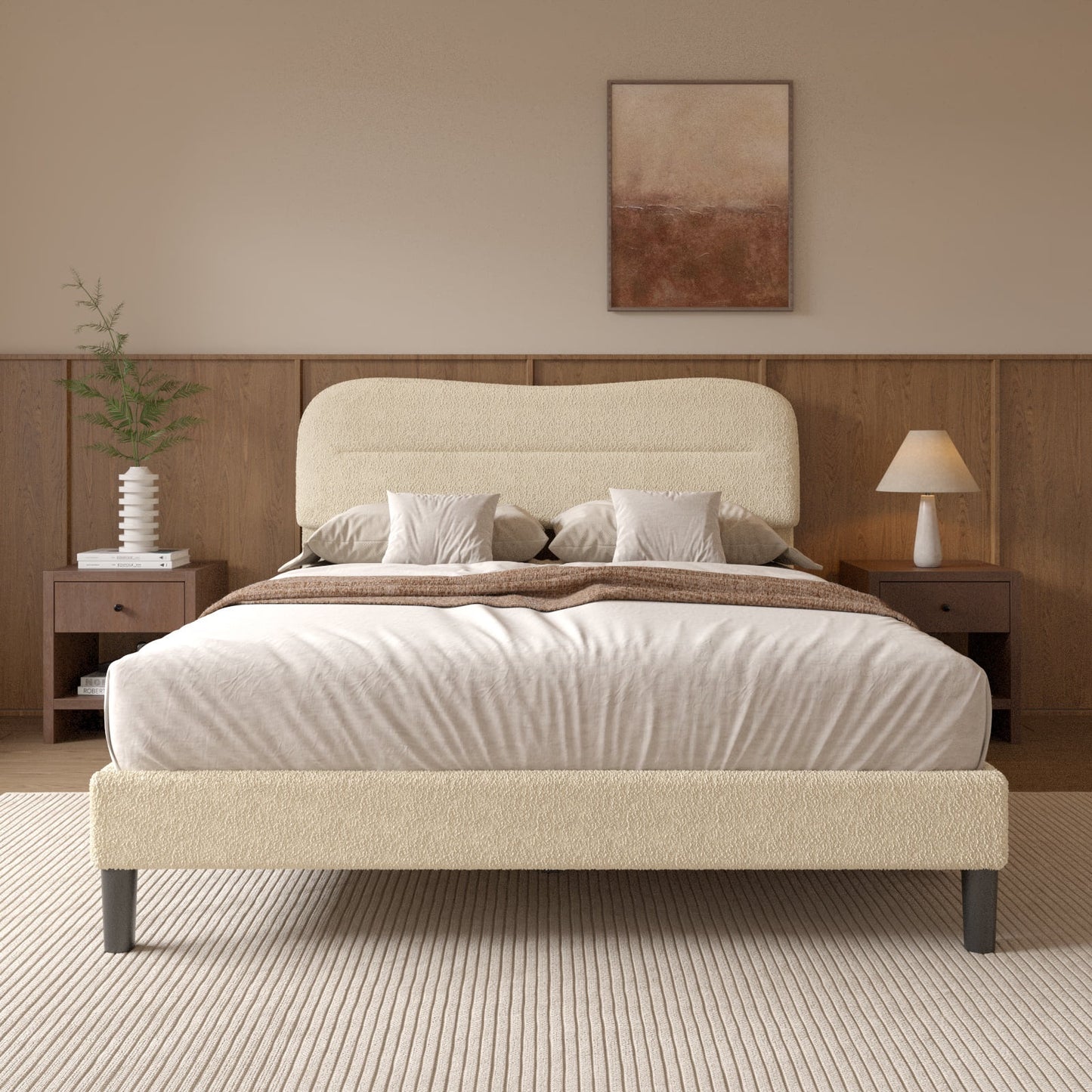 Tydimor Queen Bed Frame with Teddy Velvet Soft Curved Headboard, Platform Bed with Wooden Slats Support, Easy Assembly, Noise-Free, Beige