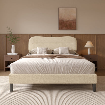 Tydimor Queen Bed Frame with Teddy Velvet Soft Curved Headboard, Platform Bed with Wooden Slats Support, Easy Assembly, Noise-Free, Beige