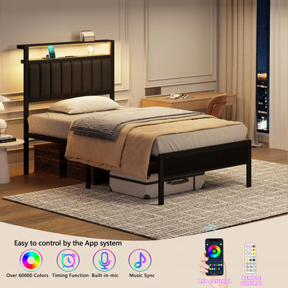 Tydimor Twin RGB LED Strip Platforrm Bed Frames with Headboard Metal, Storage Shelves & Underbed, Niose Free, No Box Spring Needed