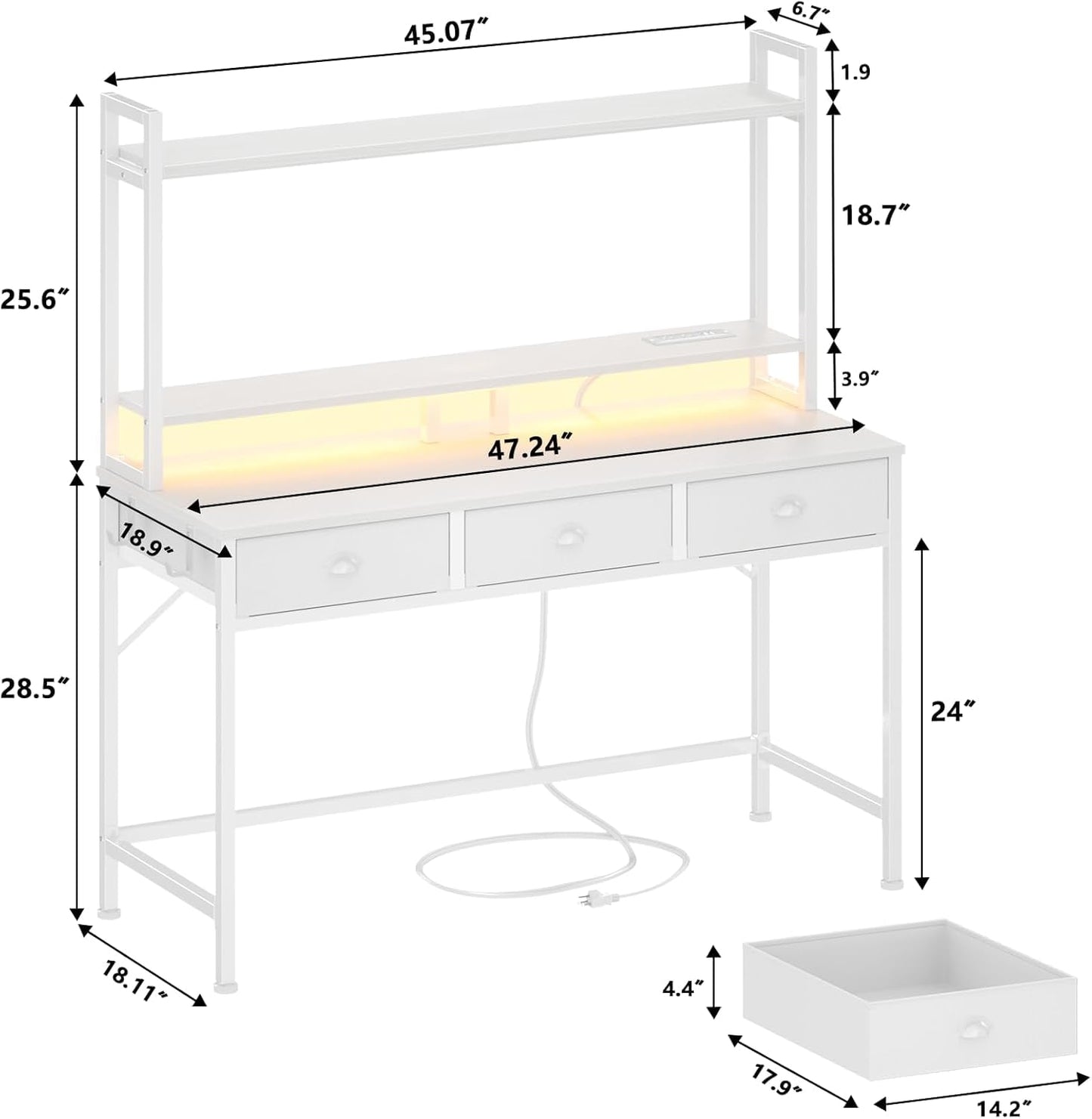 Satifur Small Computer Desk with Power Outlet & 3 Fabric Drawers, Gaming Desk with LED Light and Monitor Stand, Home Office Desk with Shelf and Hutch for Small Space, White